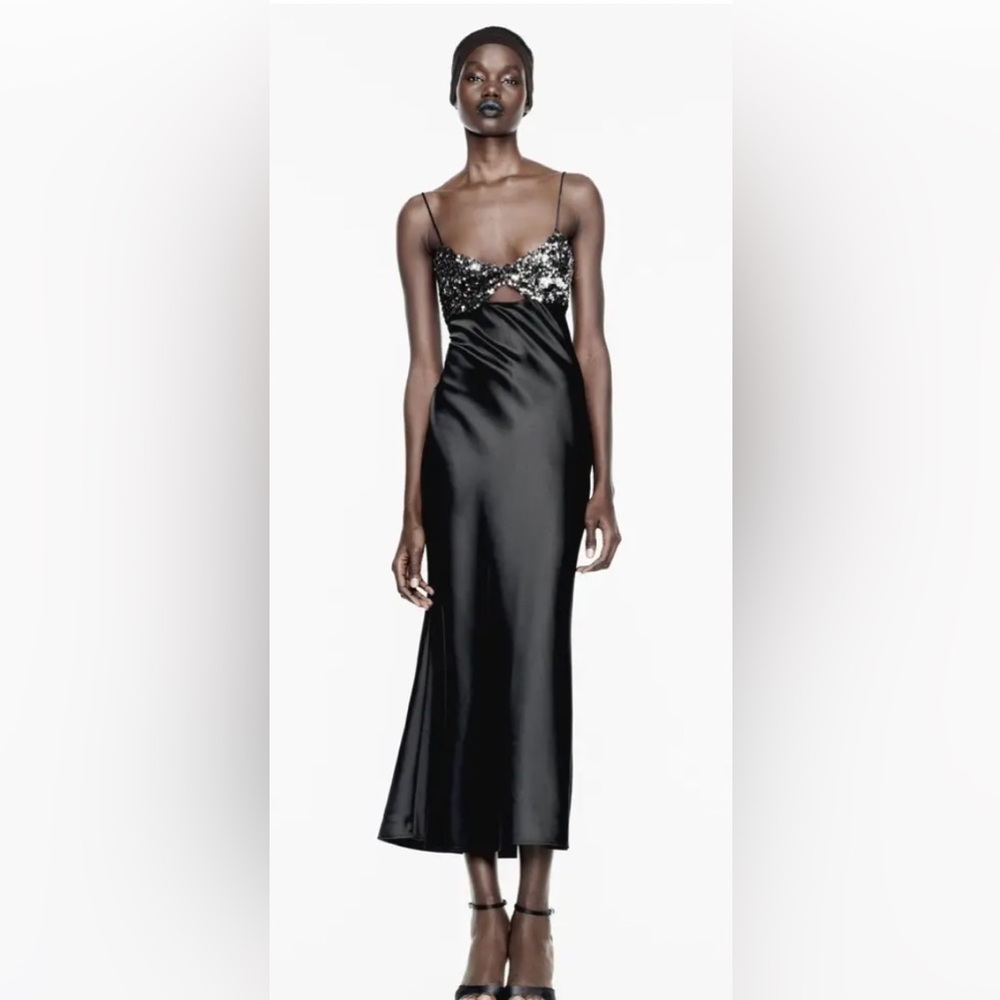 Zara CONTRASTING SEQUIN SLIP MIDI DRESS. Black. Size S. New with Tags.
